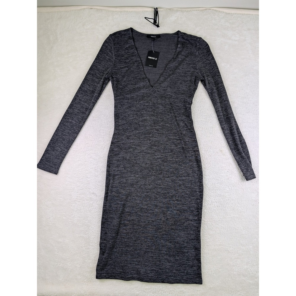 Forever 21 Womens Charcoal Grey V-Neck Long Sleeve Knit Bodycon Midi Dress L NWT